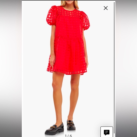 English Factory Gridded Puff Sleeve Dress Red - Picture 1 of 2